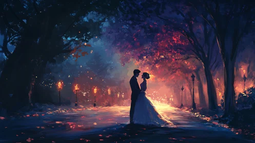 Ethereal Wedding Embrace Amid Luminescent Forest Pathway.