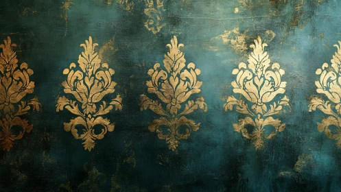 Golden damask flourishes glowing on deep teal texture.