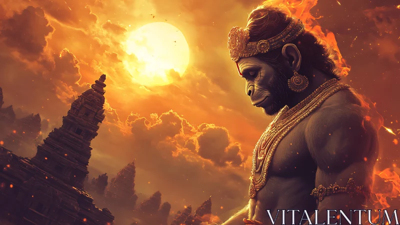 Sun-drenched Hanuman sentinel above ember-lit temples.