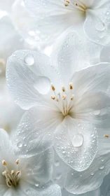 White petaled flower with water droplets and golden stamen structures