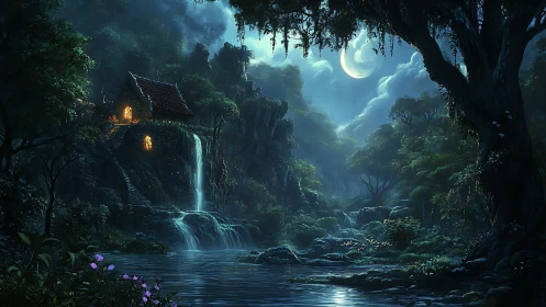 Moonlit forest cottage overlooks cascading waterfall at night