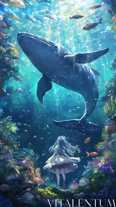 Gentle whale glides above a curious girl in a glowing sea