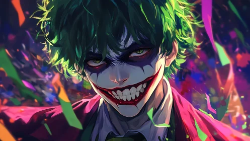 Digital painting portrait of manic clown figure in confetti storm.