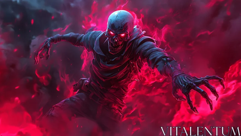 Flaming skeletal humanoid figure in red smoke environment.