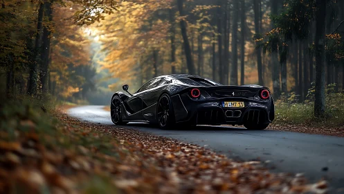 Exotic black supercar curves through a quiet autumn forest road.
