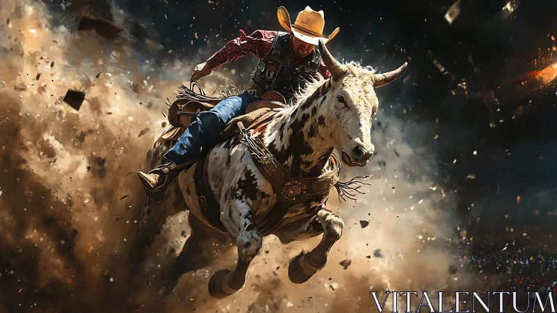 Rodeo cowboy drives bull through exploding dust arena.