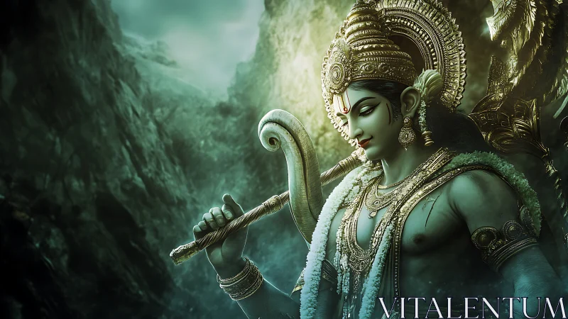 Divine warrior deity in ornate armor amid misted ravine.