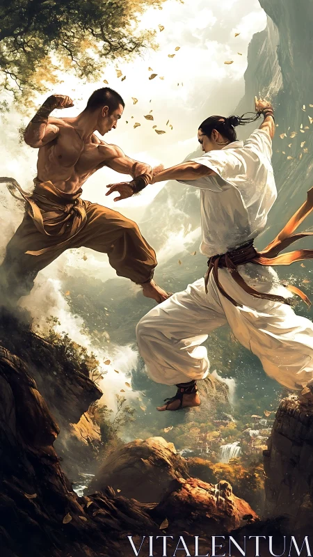 Martial artists clash midair above misty mountain gorge.