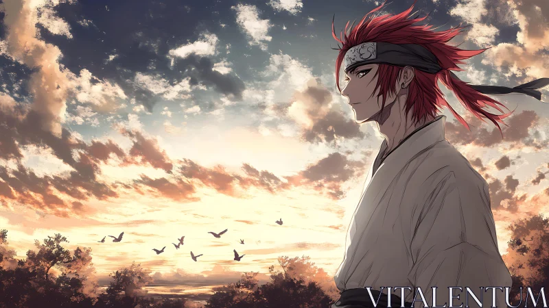 Red-haired anime swordsman in profile against clouded sunset.