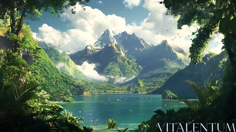 Tropical mountain lagoon under dramatic midday light.