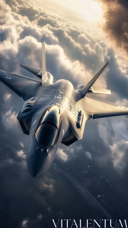 Stealth fighter jet cuts through stormlit cloud layers.