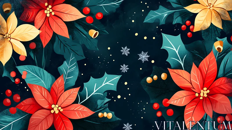 Festive poinsettias and holly leaves on dark winter background.