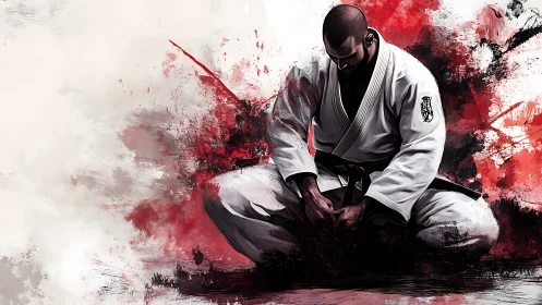Martial artist kneels in focused silence amid red energy