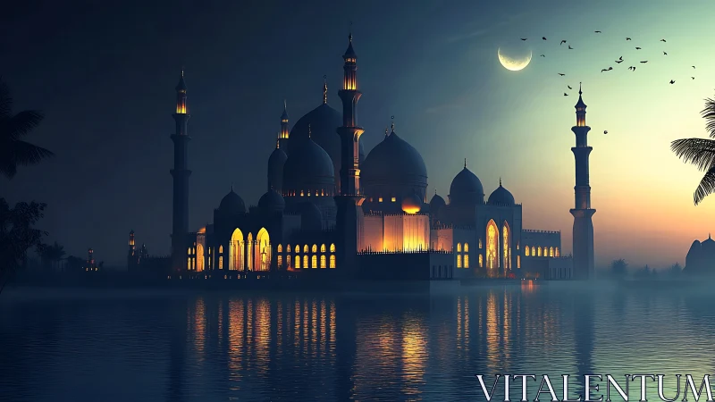 Mosque complex at dusk with crescent moon over water.