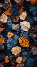 Autumn leaves rest on wet stone in moody blue light.