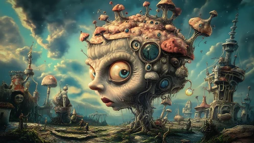 Mushroom-eyed skywatcher drifts through a fungal dreamscape