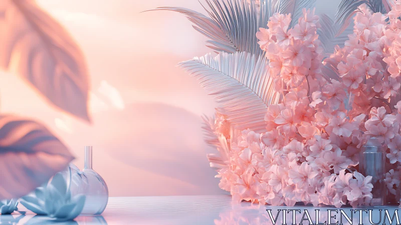 Soft pink blossoms and palm leaves in pastel studio scene.