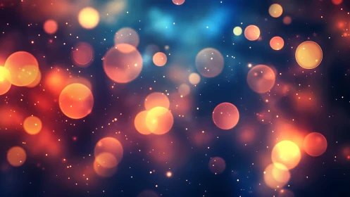 Abstract glowing bokeh lights on dark blue background, digital art.