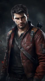 Battle-hardened adventurer stands in smoky cinematic light.