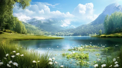 High-detail alpine lake landscape with layered atmospheric depth