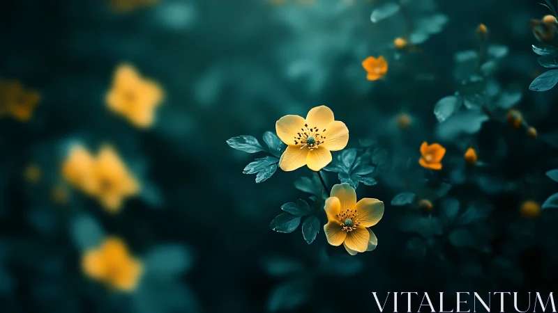 Golden Blooms Dance in Moody Teal Twilight.