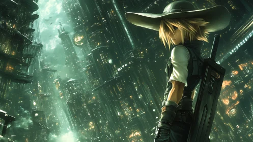 Figure with sword in dense green-lit futuristic cityscape.