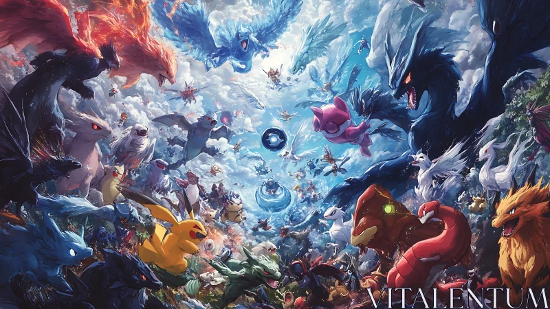 High-energy legendary creature convergence in turbulent sky battle.