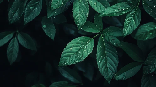 Macro study of rain-soaked pinnate foliage in low-key light.