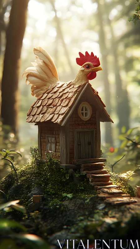 Rooster Perches Upon Whimsical Forest Cottage with Copper Roof