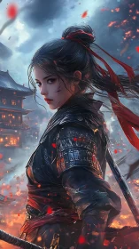 Armored kunoichi framed by burning pagoda in particle-rich dusk