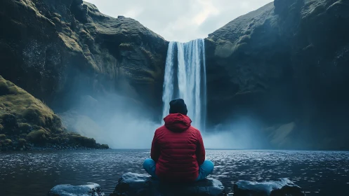 Person in red jacket facing tall waterfall from rocky shore.