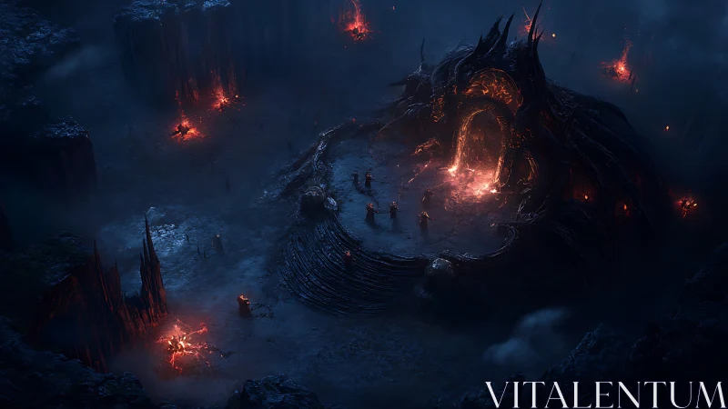 Infernal cavern gateway with cultists and glowing lava portal