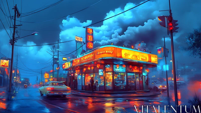 Neon-lit corner diner glows over rain-soaked city street.