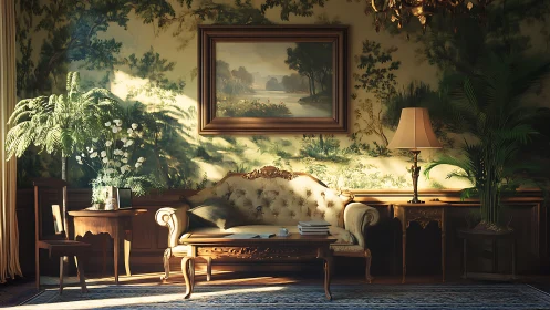 Elegant vintage sitting room with sofa, plants, and art.