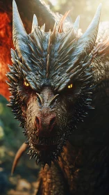 Sunlit spiked dragon close-up with molten amber eyes.