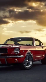 Red classic coupe stands on asphalt under overcast sunset sky