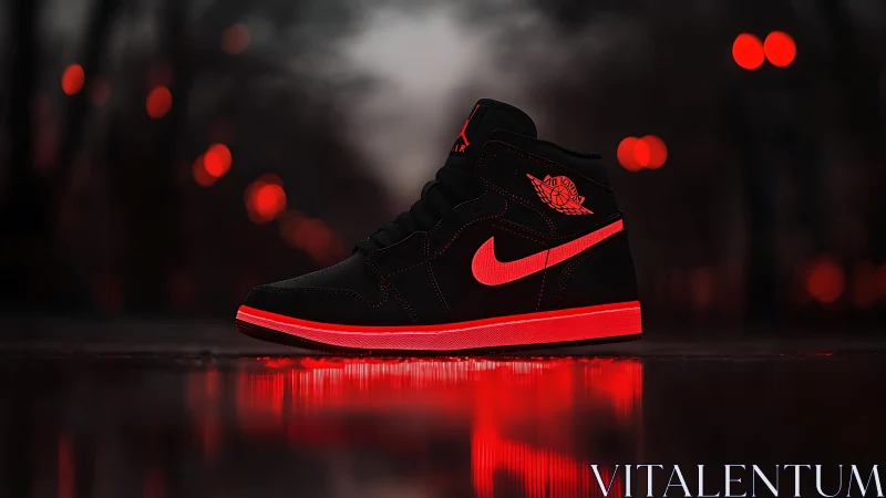 Bold black sneaker glows with neon red energy at night