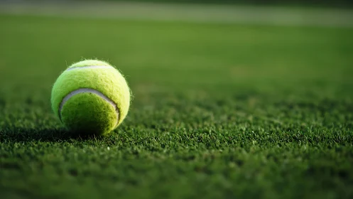 Lone tennis ball resting in sunlit silence on lush grass court.