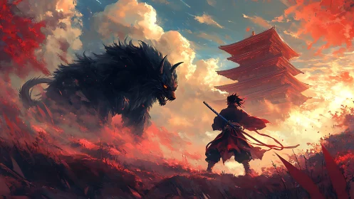 Samurai confronts ember-eyed beast beneath drifting temple.