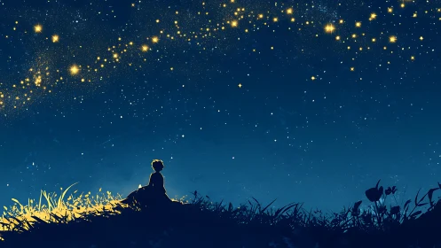 Child silhouette watches golden constellations under night sky.