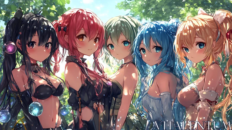 Five stylized female characters stand outdoors under foliage