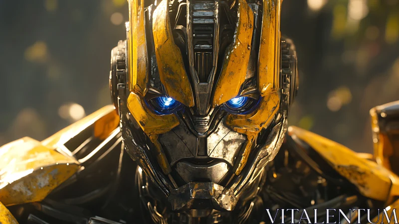 Intense yellow combat robot with glowing blue optics closeup.