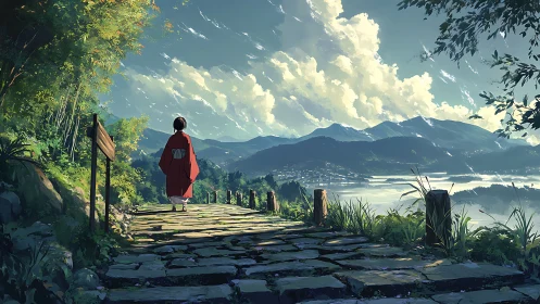 Person in red kimono walks stone path above misty valley