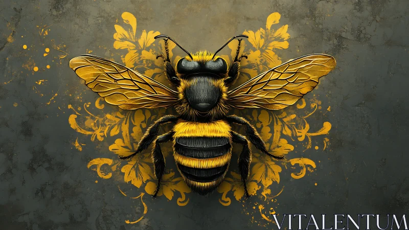 Golden bee portrait glowing against a rustic floral wall.