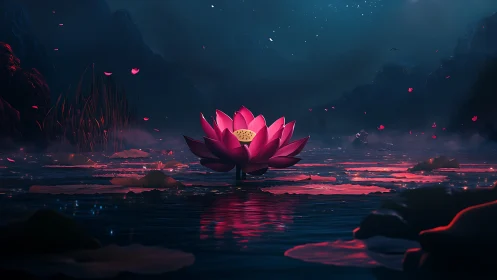 Nocturnal lotus bloom over misted lagoon with cinematic lighting