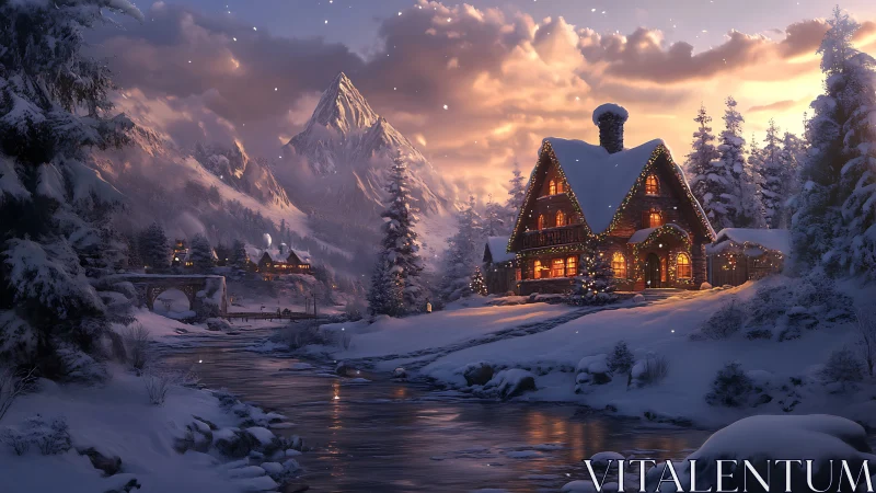 Snowlit chalet beside river under glowing alpine dusk sky.