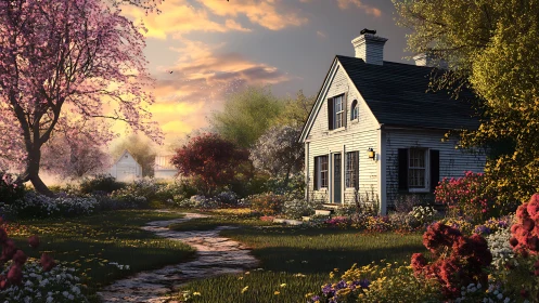 Country cottage at sunset amid dense spring garden.