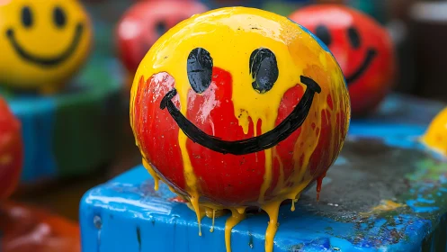 Smiley face sphere covered in dripping yellow and red paint.