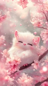 White Cat Among Pink Blossoms in Soft Dreamscape.
