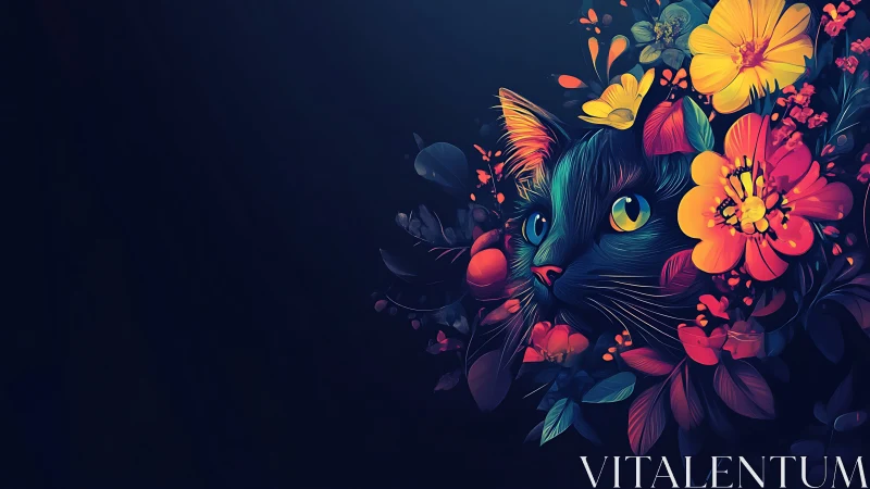 Vibrant Floral Cat Portrait Against Dark Background.